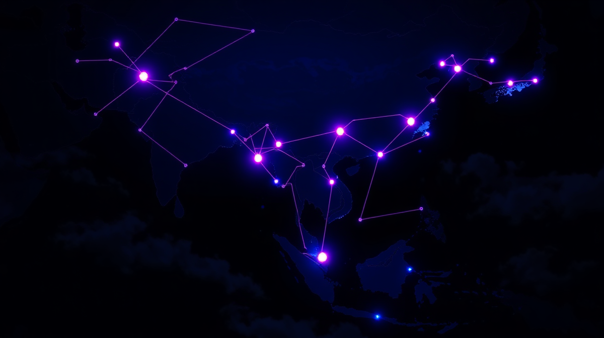 Asia-Pacific map with luminous data connection lines linking Hong Kong, Singapore, Sydney, Tokyo, and Taipei representing cross-border enterprise automation workflows
