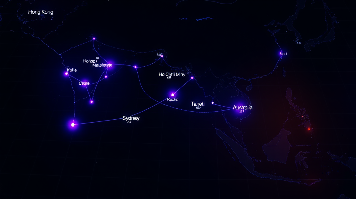 Asia-Pacific map with glowing delivery center nodes in Hong Kong, Vietnam, Taiwan, Singapore, and Australia connected by data flow lines, illustrating timezone coverage and distributed team productivity.