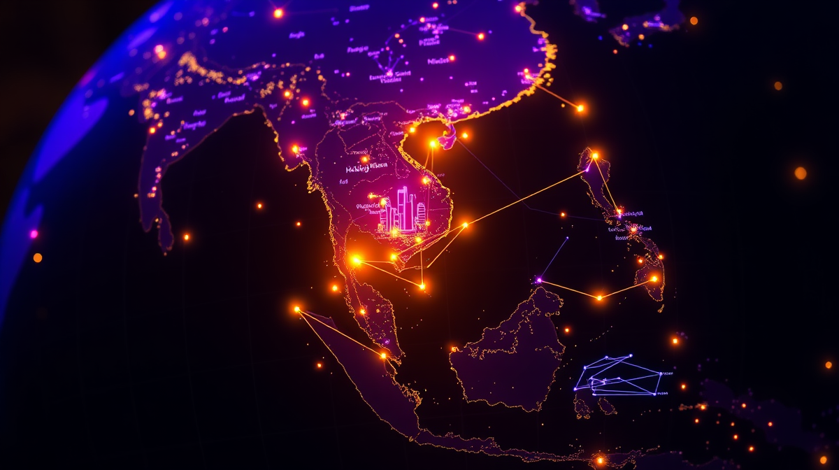 Glowing Asia-Pacific map showing cross-border e-commerce connections between Hong Kong, Southeast Asia, Australia and Japan with logistics data flow lines illustrating multi-market managed operations strategy