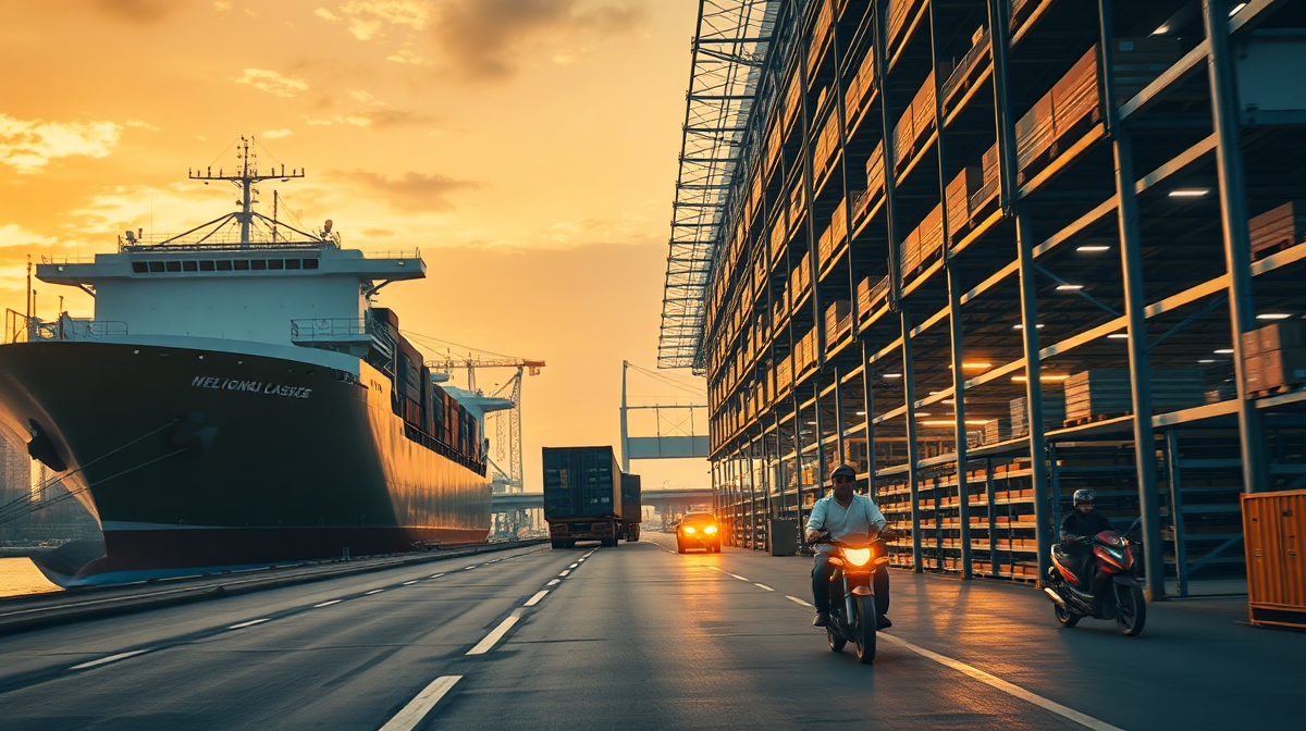 Cross-border logistics journey from Vietnam warehouse to Malaysian fulfillment center with cargo ships, sorting hubs, and last-mile delivery riders