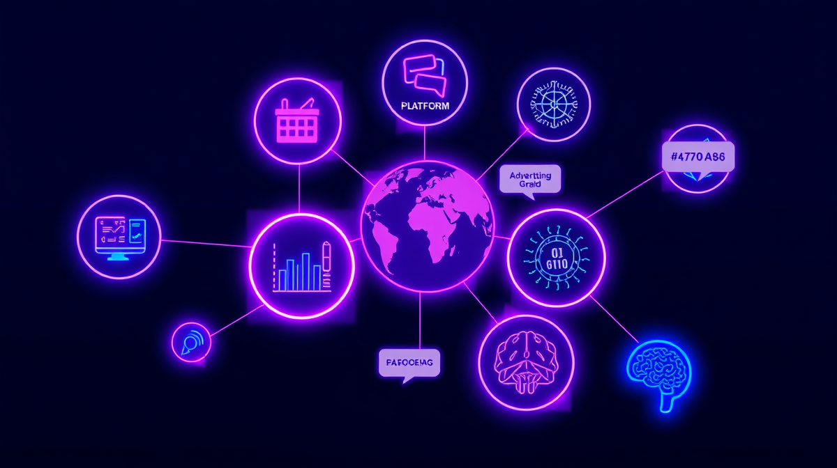 Seven interconnected factors influencing e-commerce managed operations pricing shown as a glowing network diagram with nodes representing platforms, markets, SKUs, advertising, language, technology, and AI automation