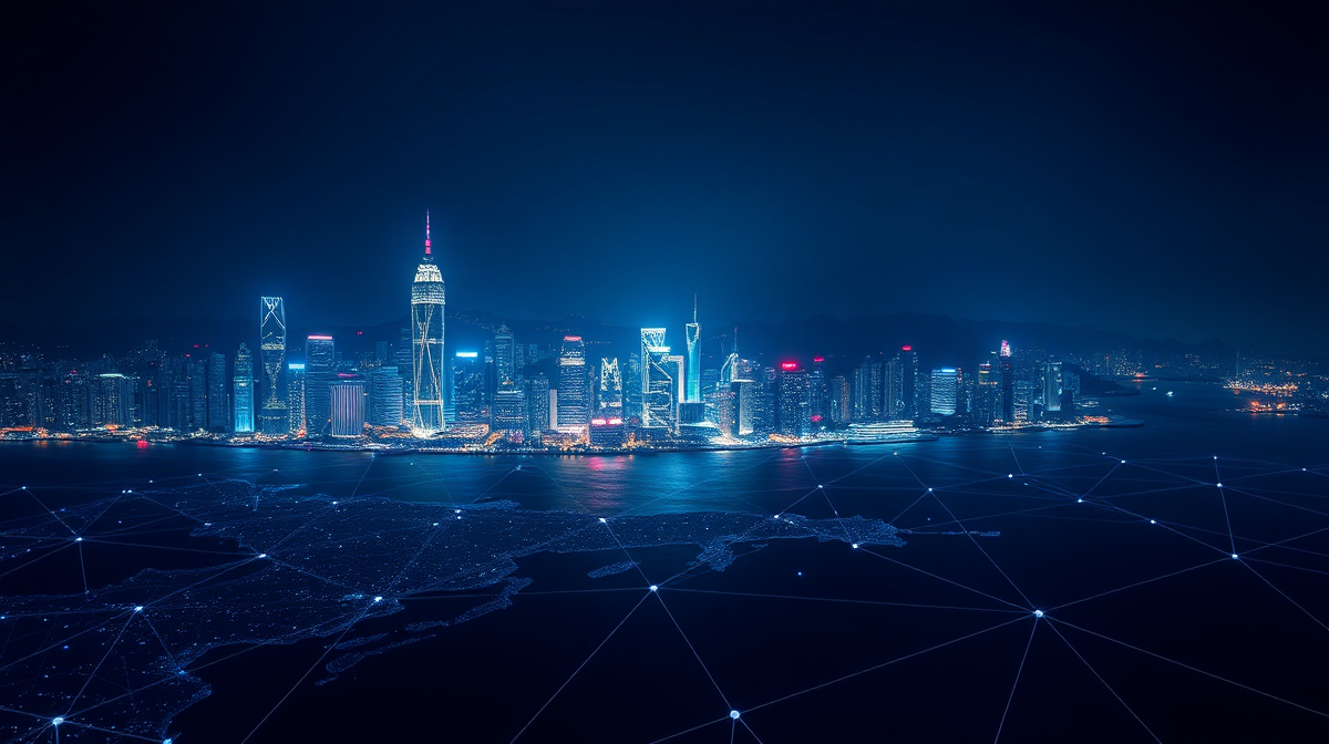 Hong Kong city skyline at night with glowing network nodes connecting across the Asia-Pacific region, representing IT outsourcing decisions for businesses in the region.