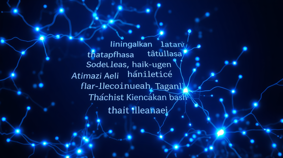 Abstract neural network pipeline processing multilingual Southeast Asian search queries with Bahasa, Tagalog, Thai, and Vietnamese text fragments transforming into structured intent signals