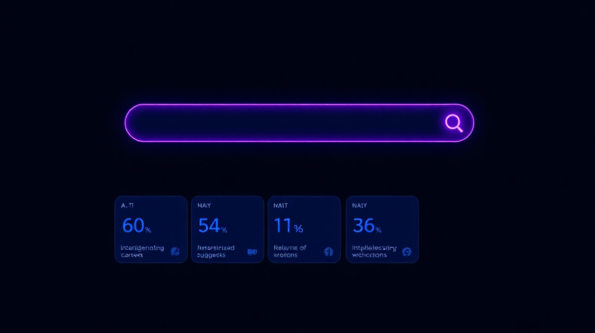 Dark ecommerce search bar with glowing AI-powered intelligent suggestions appearing in real time, visualizing Sensei live search ranking intelligence