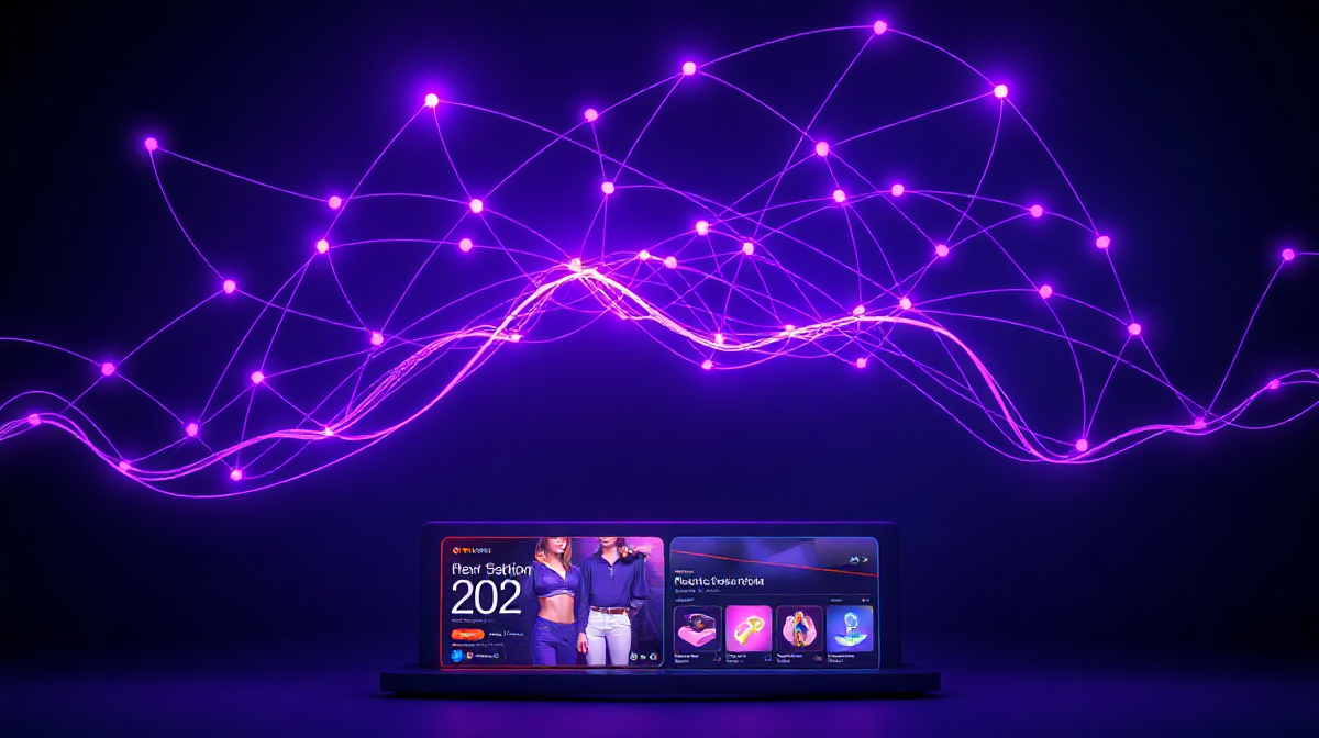 AI collaborative filtering system connecting shopper behavioral data points to a glowing product recommendation carousel on a dark ecommerce interface